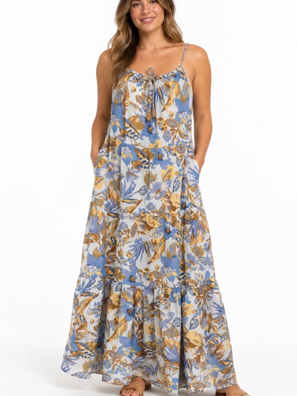 Faherty NWT Size L Blue Gold Floral Tiered Maxi Dress